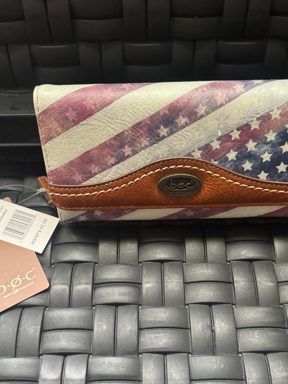 b.o.c. Tri-Fold Wallet with Distressed American Flag and Brown Trim boc